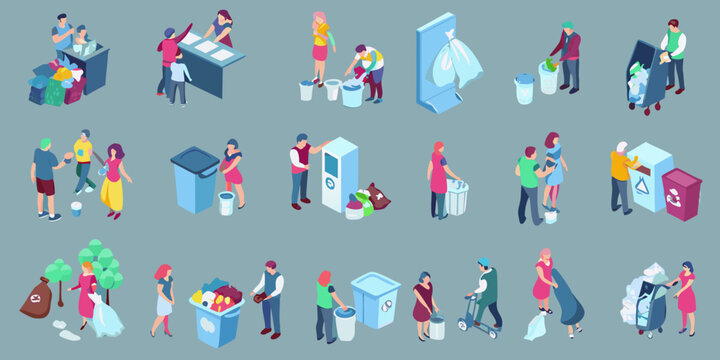 Recycling Bins And People Sorting Waste Isometric Vector Illustration