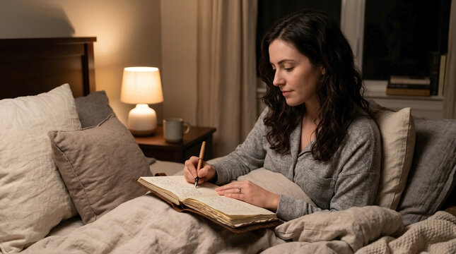 Woman writing journal before sleeping, comfortably in bed with multiple pillows and soft blanket. Evening scene shows her engaged in personal journaling activity before sleep,