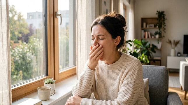 Woman covers mouth during yawn near window, experiencing morning fatigue in cozy home. Female with coffee mug, clearly tired, showing deep yawn near window. Daily life concept for wellness,
