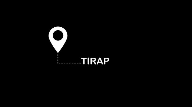 White location pin with dashed line pointing to the text TIRAP on a plain black background representing a destination or point of interest on a map or navigation interface