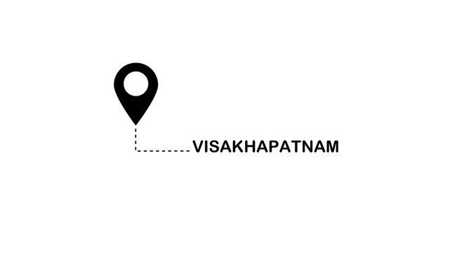 Black location pin with a dotted line connecting to the text VISAKHAPATNAM on a clean white background, representing a geographical marker for a specific place or destination