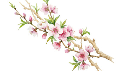 Naklejka premium Watercolor cherry blossom branch with pink flowers, delicate spring floral illustration on white background, blooming peach tree twig