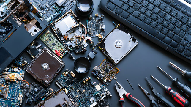 Located on a table in the computer repair workshop, tools include motherboards, hard drive components, screwdrivers, pliers, and a magnifier, illustrating maintenance, upgrades, recycling, and technic