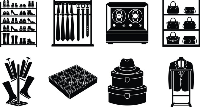 Fashion Wardrobe and Closet Organization System Black Silhouette Vector Icons Set