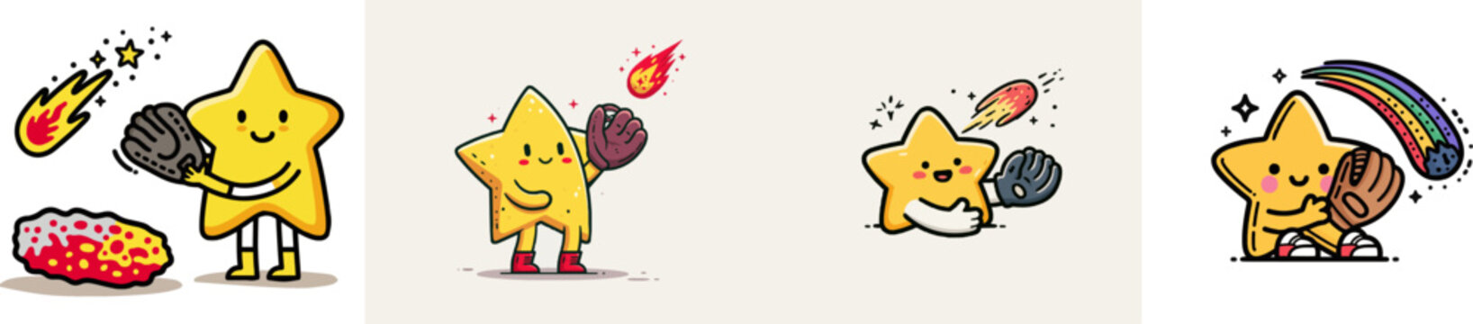 A cheerful yellow star character joyfully catches a colorful meteor with a baseball glove against a clean white background