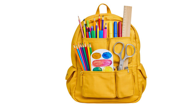 Yellow backpack filled with school supplies including pencils crayons scissors ruler, and paint palette