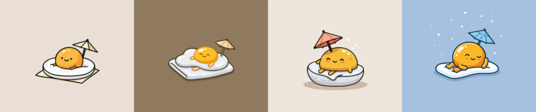 A cheerful yellow egg yolk character sunbathes contentedly on a white egg-white towel under a tiny paper umbrella, exuding joy in this minimalist kawaii illustration perfect for t-shirt prints and