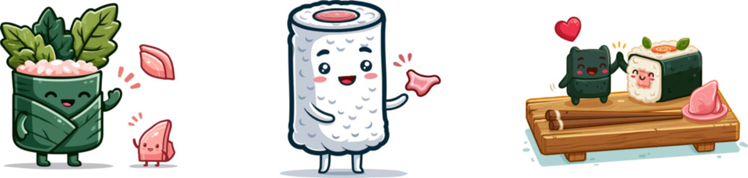A cheerful sushi roll character joyfully high-fives a tiny pink slice of pickled ginger in this whimsical 2D vector illustration