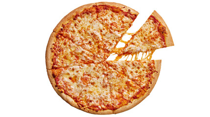 Whole cheese pizza with one slice pulled out, showing melted cheese strings