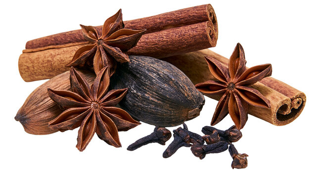 Star anise cinnamon sticks cloves, and nutmeg spice assortment