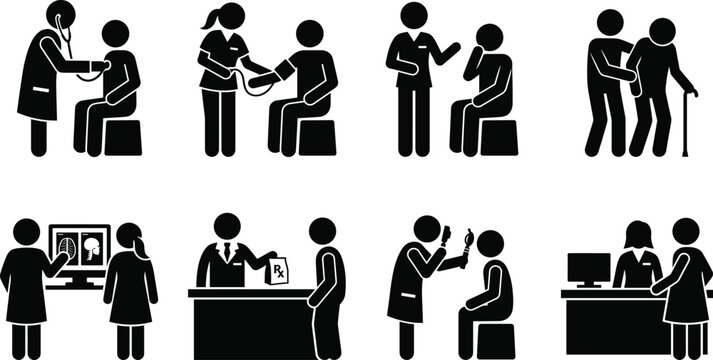 Medical checkup and healthcare service pictograms set with doctor patient and pharmacist stick figures isolated on white background