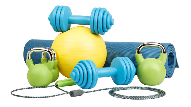 Fitness equipment dumbbells kettlebells yoga mat exercise ball, jump rope