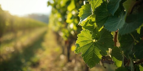 Fototapeta premium Grape leaves close-up in a vineyard at sunset