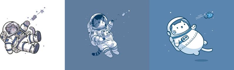 Fototapeta premium An astronaut cat floats in space, reaching out to catch a whimsical flying shooting star mouse with its paw