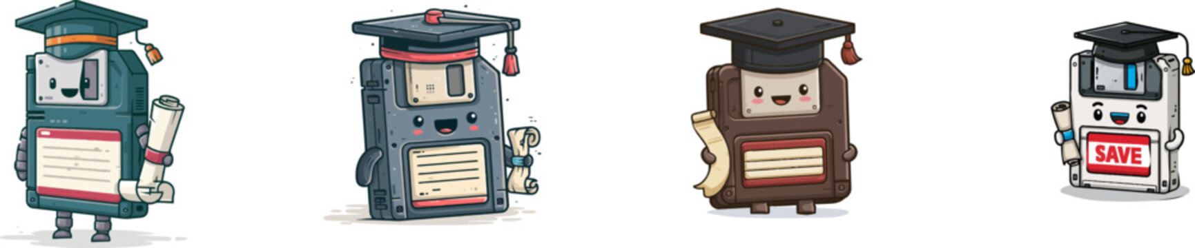A whimsical retro floppy disk character dons a graduation cap, holds a scroll, and stands on a white background, embodying a playful blend of technology and nostalgia