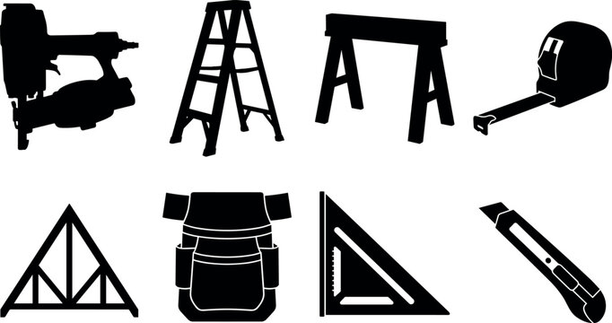 Carpentry building construction tools and professional framing contractor workshop equipment solid black vector icons set in image_4b73a3.pngCarpentry building construction tools and professional fram