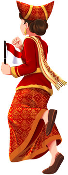Minangkabau Woman Running with Indonesian Flag During Independence Day Celebration Illustration