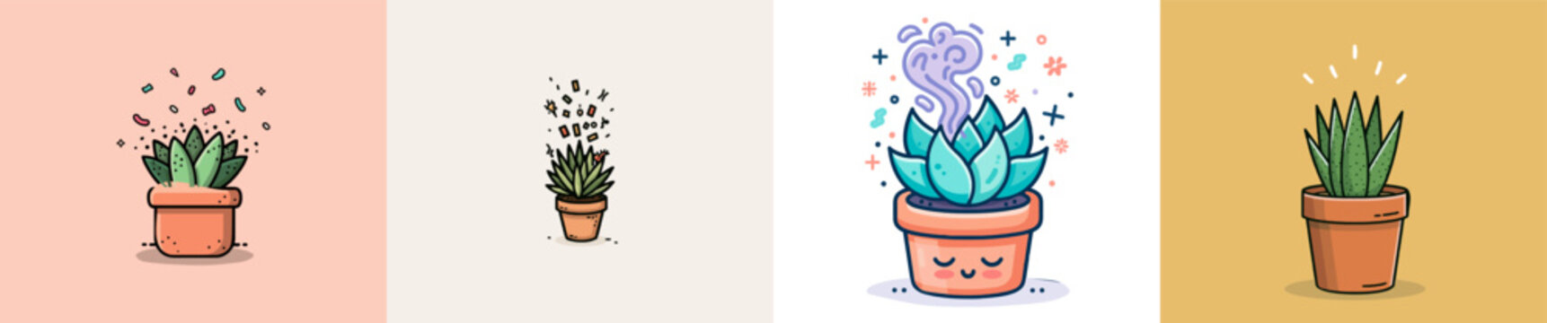 A charming terracotta pot with a succulent plant emits tiny, floating abstract shapes representing positive energy in this clean outline vector doodle illustration