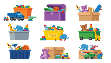 Children toys in boxes and storage containers collection set. Dump truck, teddy bear, building blocks, train, helicopter, basketball, flat vector illustration. © Mahamuda Studio 