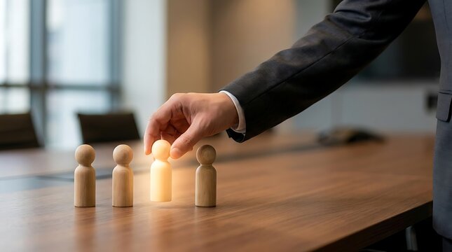 Hand selecting a glowing wooden peg doll from a line on a conference table