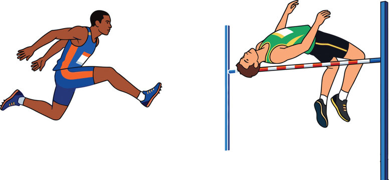 Athletes in motion, hurdler and sprinter in action running jumping