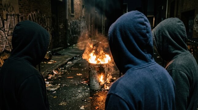Disturbios urbanos: j&oacute;venes encapuchados observan un contenedor en llamas en un callej&oacute;n oscuro. Concepto de vandalismo y violencia de hinchas tras un evento deportivo