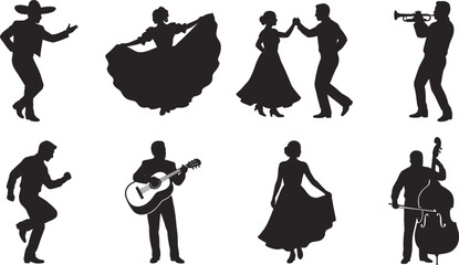 Traditional Mexican Mariachi Musicians and Folk Dancers Vector Silhouette Set for Cinco de Mayo Celebrations © MdMehedi
