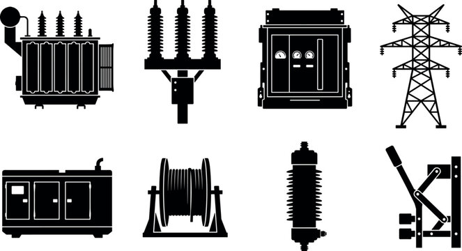 High voltage electrical substation equipment and power grid infrastructure solid black vector icon set in image_556bc6.pngHigh voltage electrical substation equipment and power grid infrastructure sol