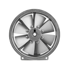 Obraz premium Industrial metal ventilation fan with eight blades and circular frame isolated on a transparent background, for engineering and, hvac systems isolated on a transparent background