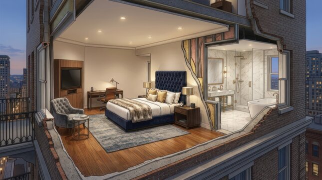 A luxurious hotel room with an open balcony overlooking a cityscape at dusk. The room features a large bed with a blue tufted headboard, a desk with a lamp, a flat-screen 