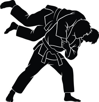 Black silhouette of two martial artists in dynamic judo throw, white background, martial arts