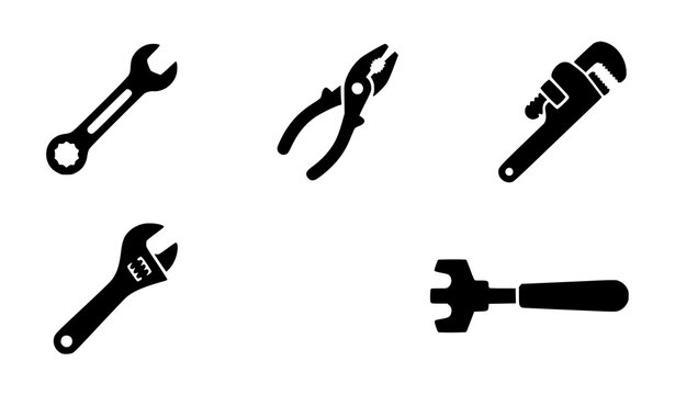 Plumbing tools icon set with wrench pliers and pipe wrench silhouettes isolated on white background for repair service concept vector illustration