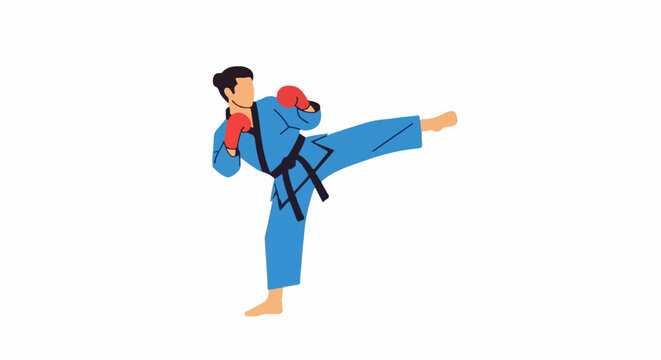 A man in a blue martial arts uniform kicks with one leg while punching with the other hand