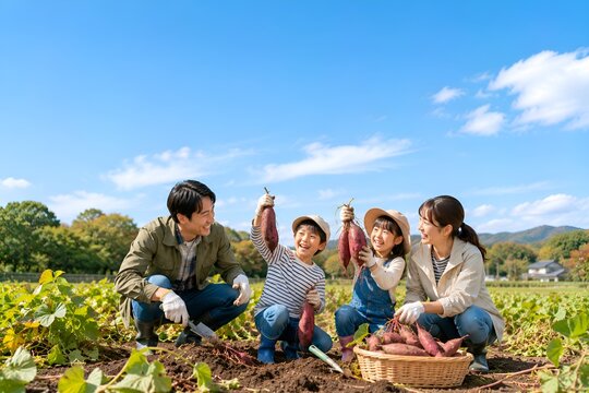 秋のさつまいも畑で芋掘り体験を楽しむ家族4人 食育と収穫の喜びイメージ（AI生成）