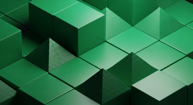 Green cubes and pyramids with varied textures create an abstract geometric background, symbolizing structure, order, and modern design concepts