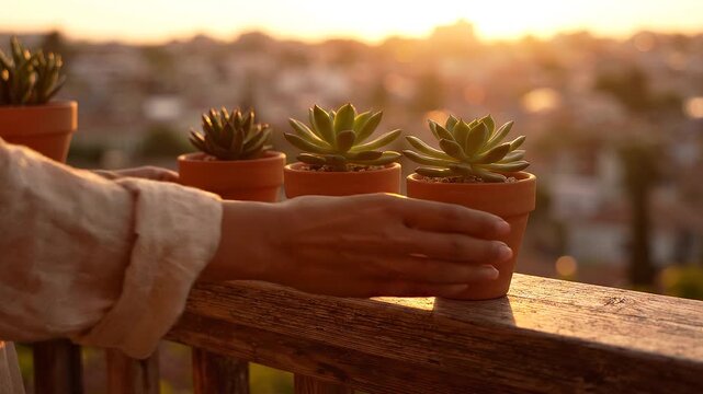 Hands arranging terracotta pots with succulents on wooden railing at golden hour