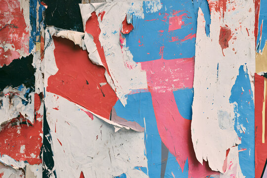 Old, colorful, ripped, torn, crumpled posters resembling paper with an abstract, grungy texture, like seamless loop collages or urban street prints, creating an overall grungy, retro backdrop for any 
