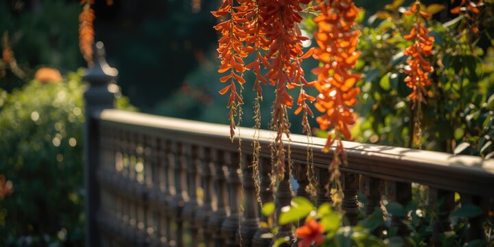 Orange Pyrostegia venusta floral cascade across an ornamental garden railing