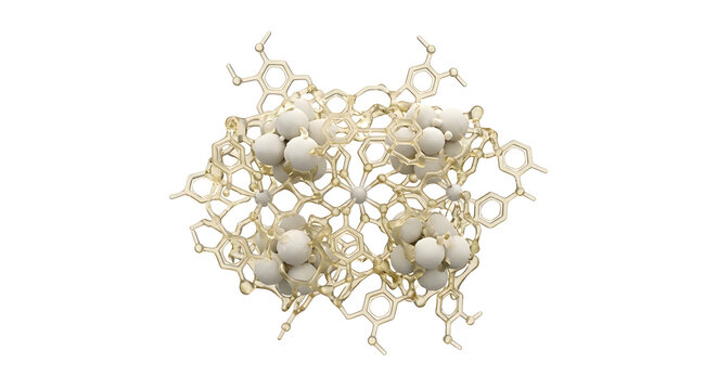 Hyper-Realistic 3D Rendering of Zinc Oxide Eugenol (ZOE) Cement Molecular Structure, Suitable for Science Education, Isolated on a White Background