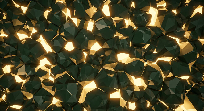 Textured pattern of dark green faceted surfaces with glowing golden light emanating from within, symbolizing mystery, depth, and hidden treasures