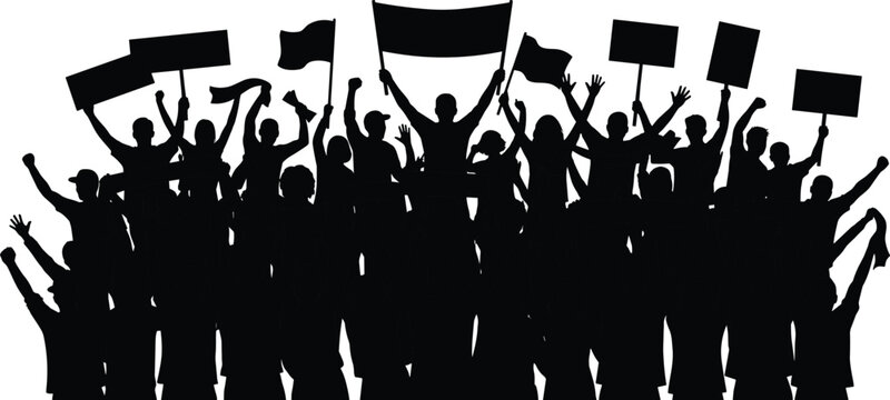 Silhouette of a crowd of people protesting, holding signs and flags black white