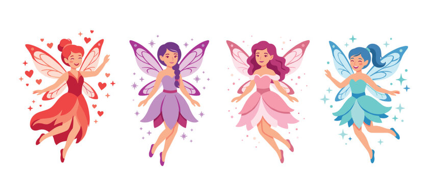 Beautiful magical fairy characters collection with colorful wings. Flying pixie girls, dresses, magic dust, hearts, stars, flat vector illustration.