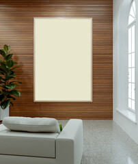 Obraz premium 3D render, illustration Large Luxury modern living room interior, brutalist architecture realistic lighting, Graphic Overlay wide angle, contemporary furniture, clean lines, minimalist decor
