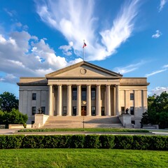 Obraz premium A large, beige-colored government building with a row of columns and a flag on top, set against a blue sky with white clouds