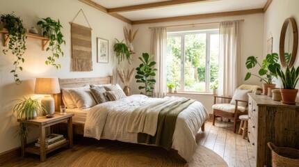 Fototapeta premium A cozy, well-lit bedroom with a large bed, wooden furniture, and lush green plants. The room features a neutral color palette with beige walls, wooden floors, 