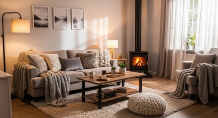 Fototapeta premium A cozy living room with a fireplace, comfortable couch, and a wooden coffee table with a book and a cup of tea.