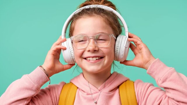 Smiling little girl with glasses and backpack listening to headphones against mint green background