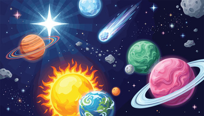 Colorful solar system outer space banner with cartoon planets. Burning sun, planet earth, saturn rings, comet, asteroids, bright stars, nebula. © Mahamuda Studio 