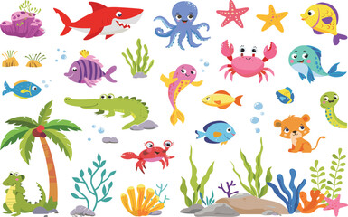 Obraz premium Cute Tropical Animals and Ocean Creatures Collection Cartoon Wildlife Vector Set