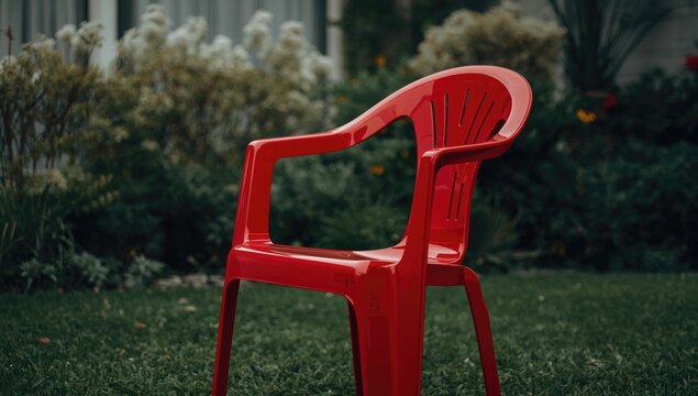 Red plastic chair on green grass in a garden